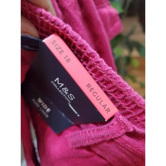 M&S Collection Women Pink 100% Linen Mid Rise Pull On Wide Legs Regular Pants 18 - Picture 6 of 12